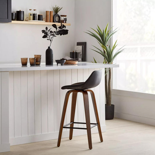 Faux Leather and Walnut Wood Bar Stool