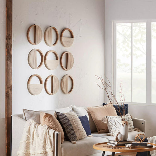 Set of 3 Mango Wood and Rope Circle Wall Decor