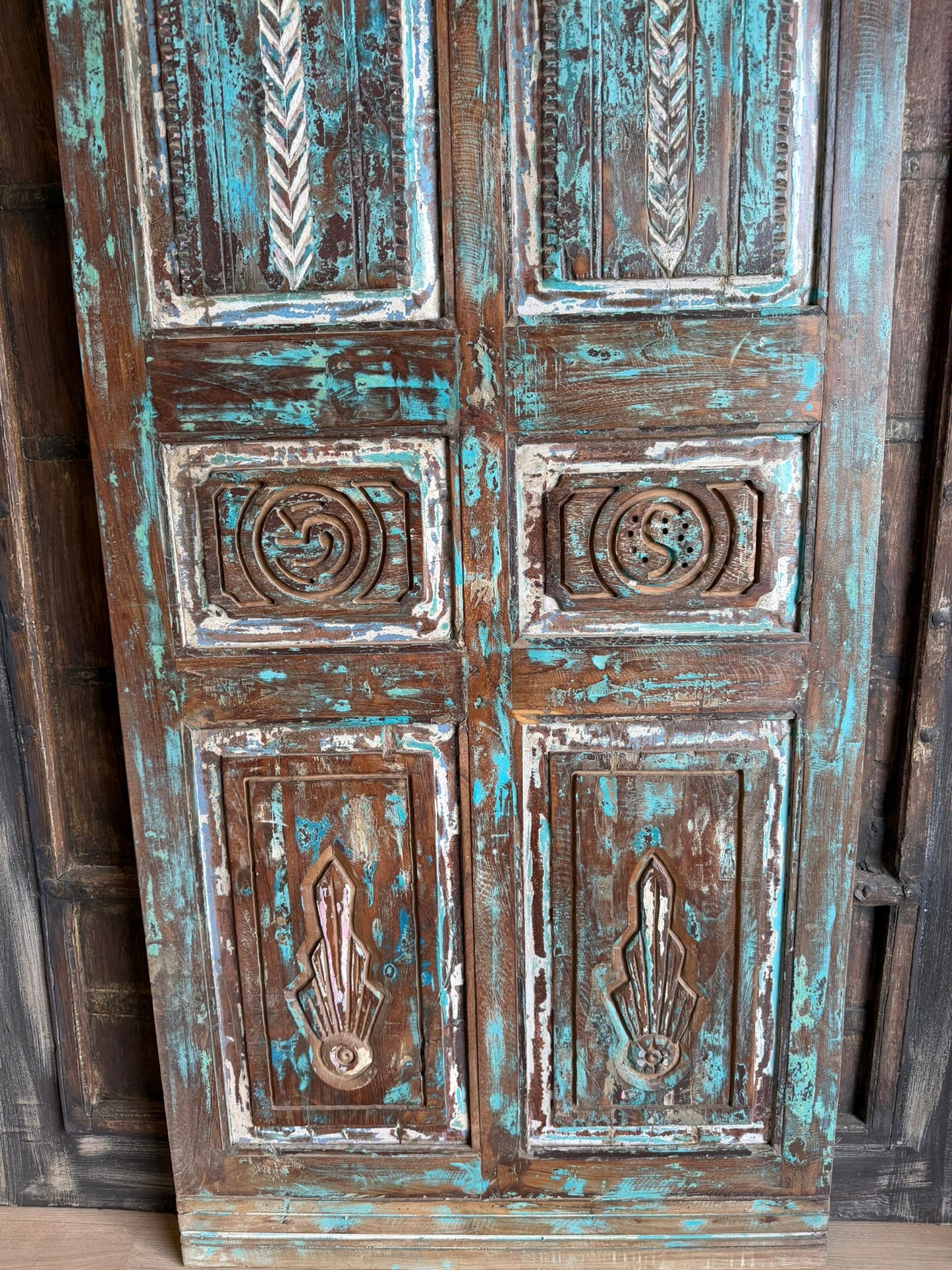 Antique Carved Door Rustic Farmhouse Blue Vintage Barn Door 80x34.5