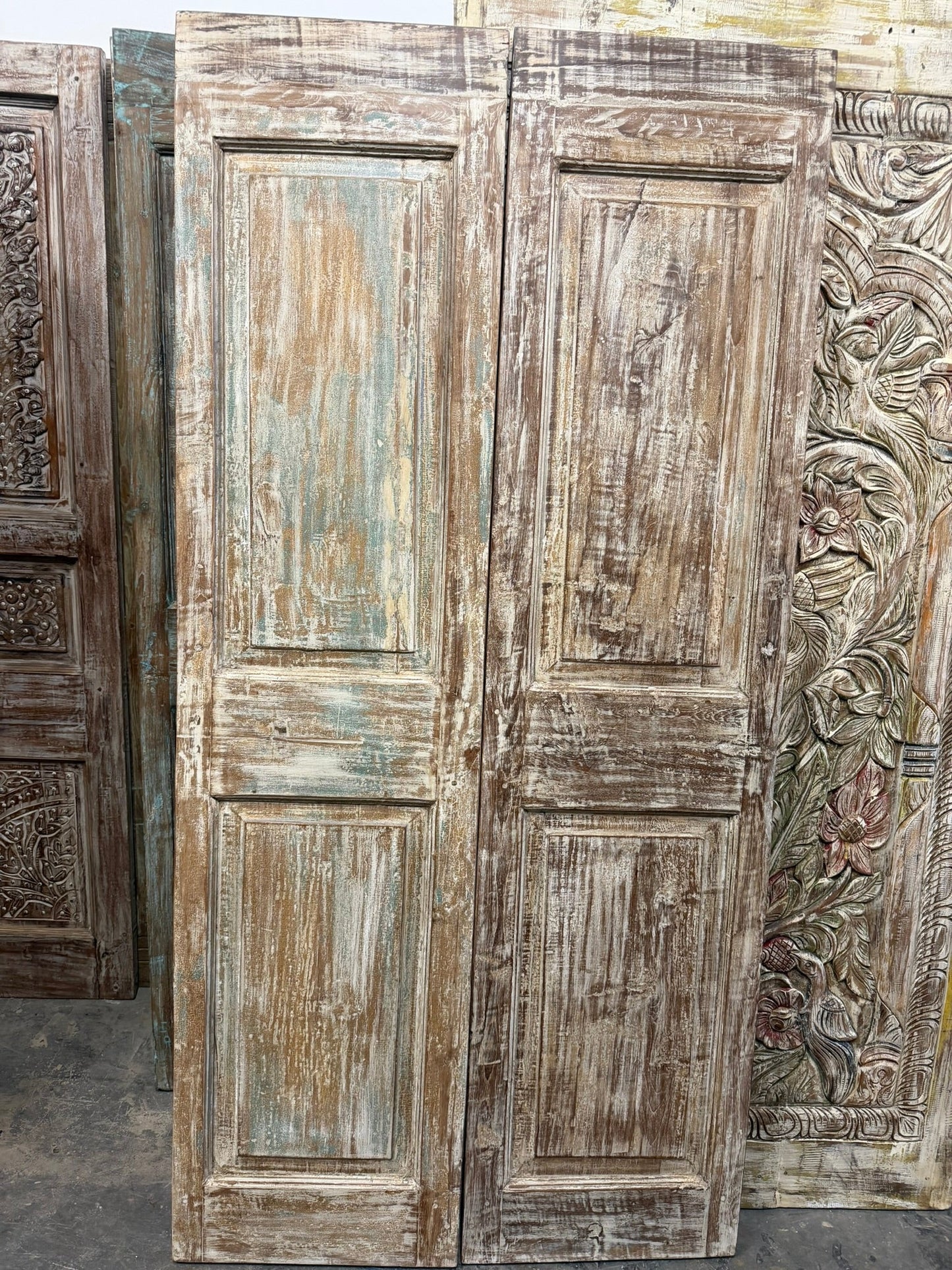 Antique Floral Barn Doors with Studs Carved Hinged or Sliding Double Doors 80x39