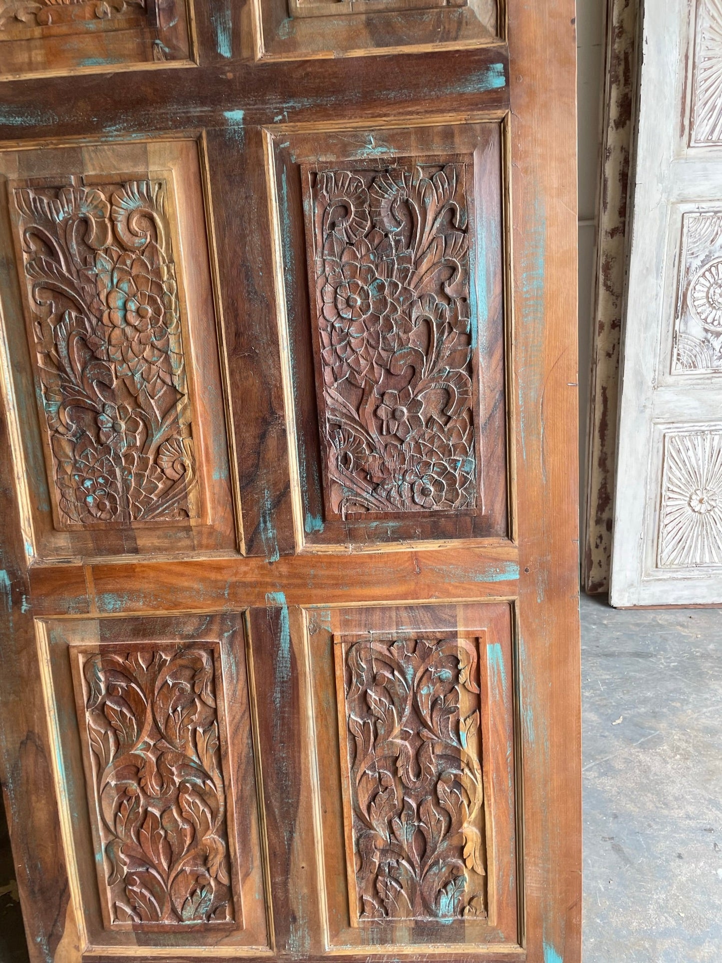 Vintage Carved Floral Barn Door – Rustic 6-Panel Farmhouse Statement Door | Country Decor 84x36