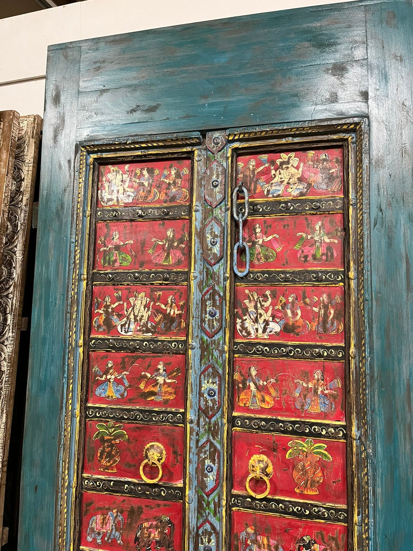 Antique Blue Painted Door Hand Carved Custom Ganesha Temple Barn Door 88x42