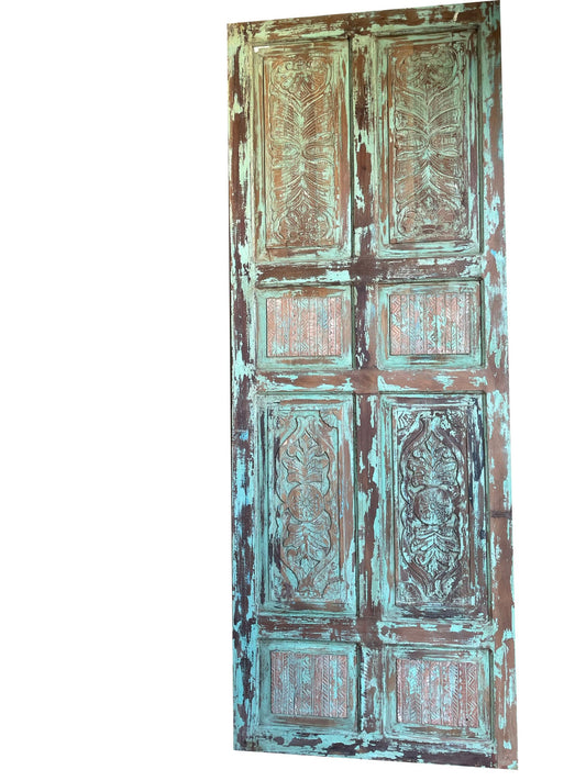 Vintage Carved Door Panel Distress Green Rustic Farmhouse Barn Door 96