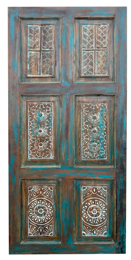 Artisans Carved Wood Barn Door Vintage Blue Closet Door Statement Door 80x36