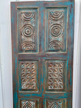 Artisans Carved Wood Barn Door Vintage Blue Closet Door Statement Door 80x36