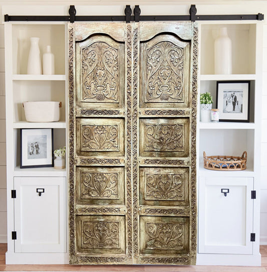 Vintage Hand Carved Door Wooden Floral Barn Door Double Door 77.75