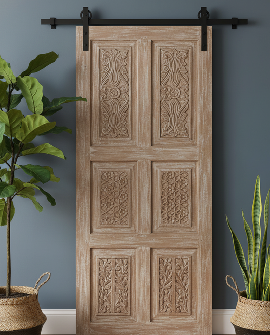Vintage Carved Door Beige Distress Wood Panel Farmhouse Statement Door 80x36
