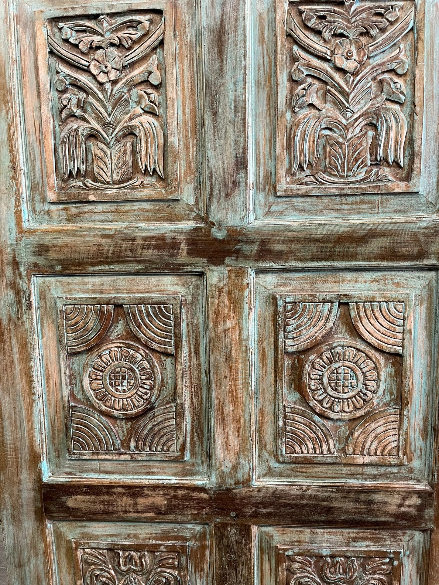 Vintage Artisan Carved Door Green Reclaimed Wood Barn Door Panel 80x36