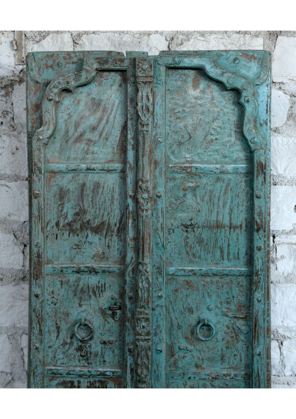 Vintage Indian Teak Wood Double Door Distress Blue Exterior Shutters Door 82