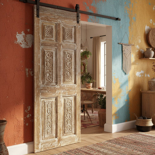 Vintage Whitewash Carved Door Reclaimed Wood Sliding Barndoor 80x26.5