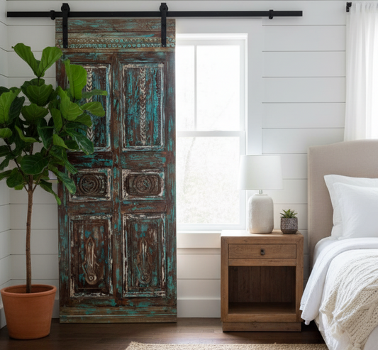 Antique Carved Door Rustic Farmhouse Blue Vintage Barn Door 80x34.5