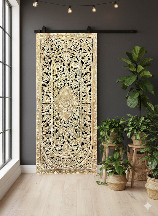 Vintage Floral Lattice Carved Barn Door Wooden Whitewash Room Divider Panels 80x36