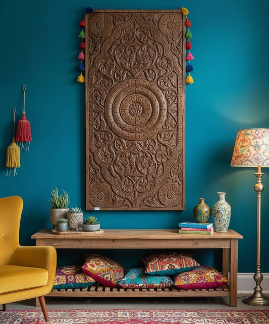 Vintage Farmhouse Wall Decor Lotus Carved Wood Headboard Home Decor 60x30