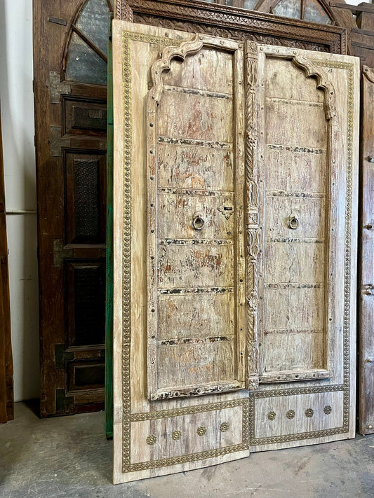 Antique Whitewash Door – Rustic Carved Farmhouse Barndoor with Brass Trim 83