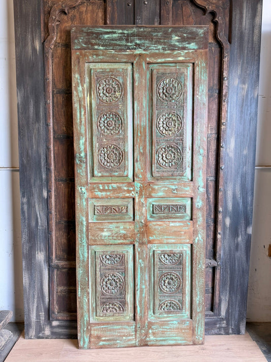 Vintage Floral Carved Door Solid Wood Green Single Statement Barndoor 80x33