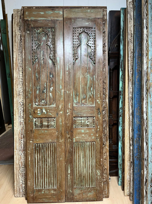 Hand Carved Vintage Wood Double Doors Nail Studded Barn Doors 80x32