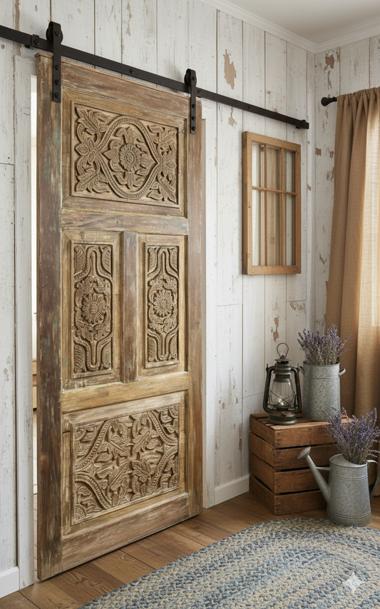 Ornate Carved Door Vintage Barn Door - Reclaimed Wooden Barndoor 80x36