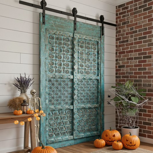 Antique Carved Wood Double Doors Brass Studs Rustic Blue Farmhouse Door 91