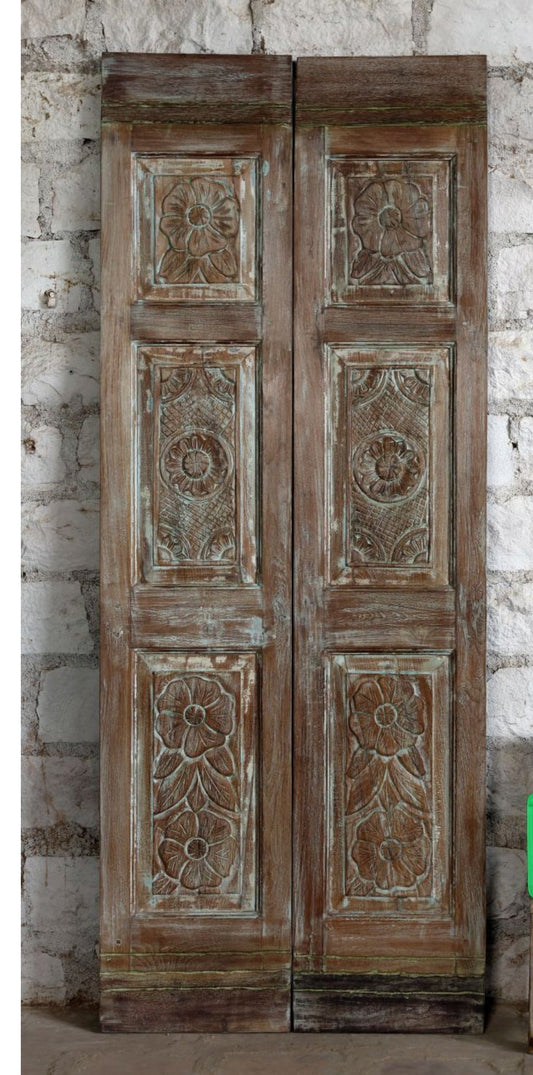 Vintage Carved Door Rustic Distressed Wood Double Door Statement Decor 80x32
