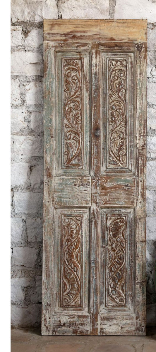 Antique Carved Wood Door Distressed Floral Statement Barndoor 80x26.5