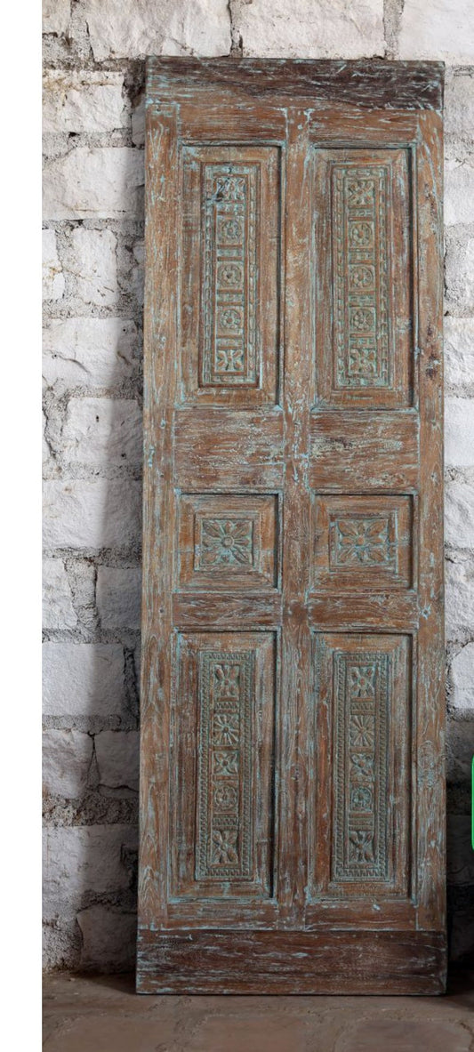 Antique Carved Door Distressed Blue Statement Hinged or Barn Door 80x26