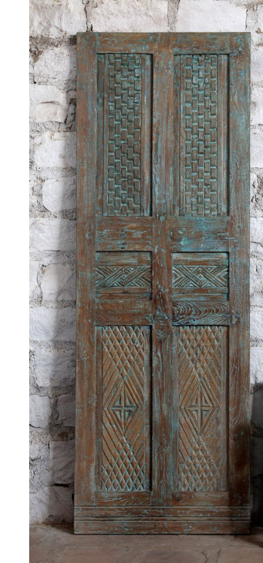 Antique Carved Door Dusty Blue Hinged or Sliding Farmhouse Barn Door 80x28