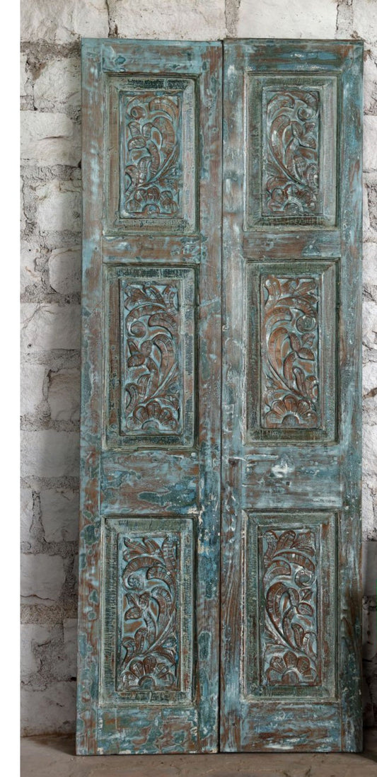 Vintage Carved French Doors Blue Floral Reclaimed Wood Sliding Door 80x32
