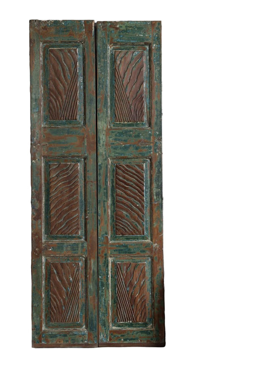 Vintage Carved Double Doors Blue Floral Reclaimed Wood Sliding Door 80x32