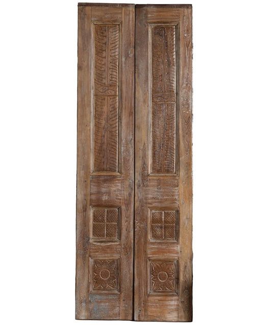 Vintage Carved Double Doors Floral Reclaimed Wood Sliding Closet Door 80x30