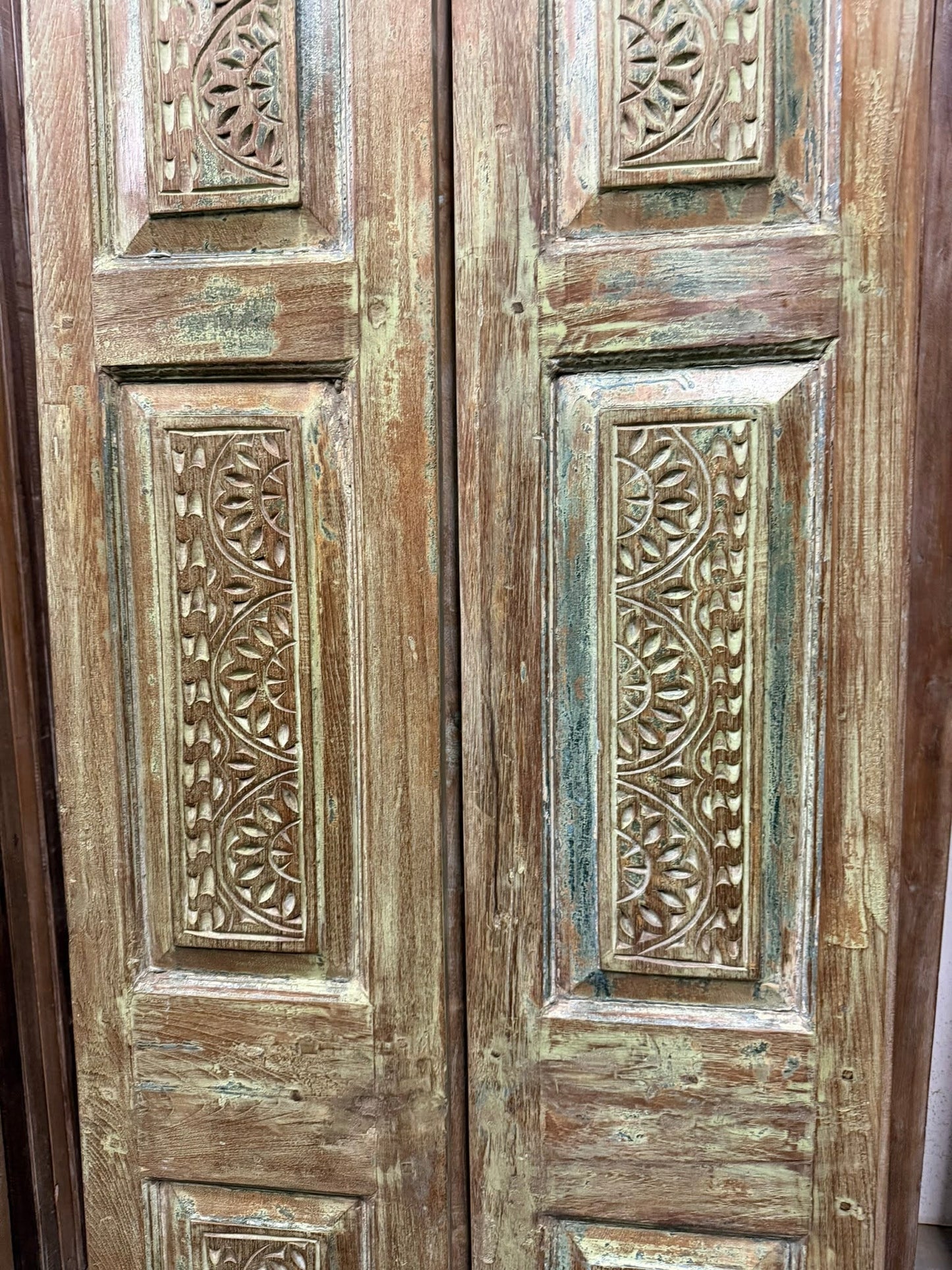 Antique Carved Green French Doors - Feature Wall Art Barn Door Panel 80x27