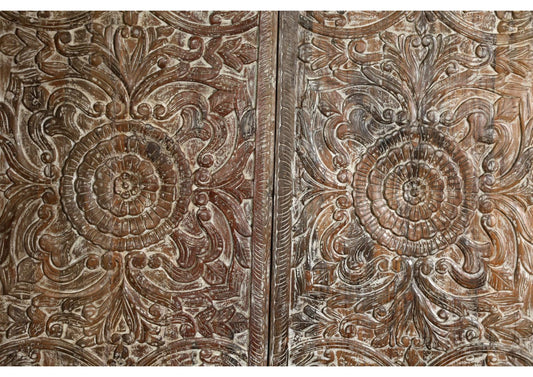 Vintage Carved Wood Door Lotus Medallion Artistic Double Doors 80x36