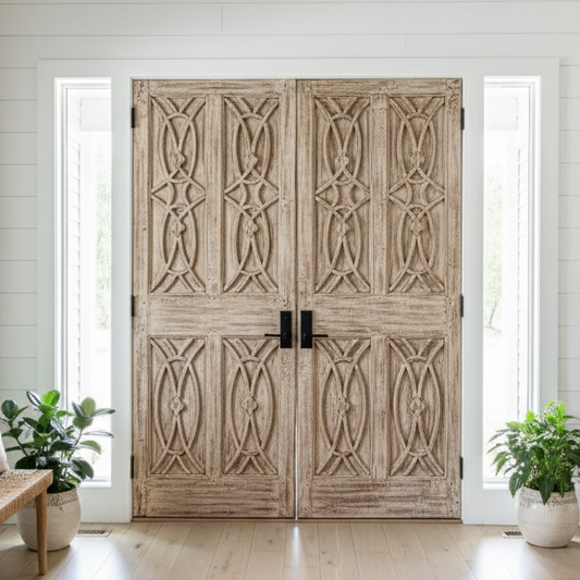 Antique Carved Wood Double Doors Distressed White Barn Doors 80x30