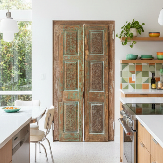 Antique Artisan Carved Double Doors Distressed Green Barn Door 80