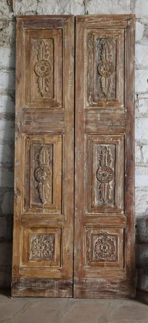 Antique Carved French Doors Floral Distress Wood Sliding or Hinged Barn Door 80