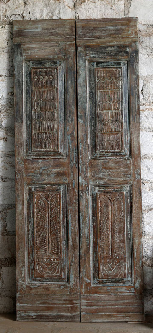 Vintage Carved Wood Double Doors Blue Gray Barn Doors 80x34