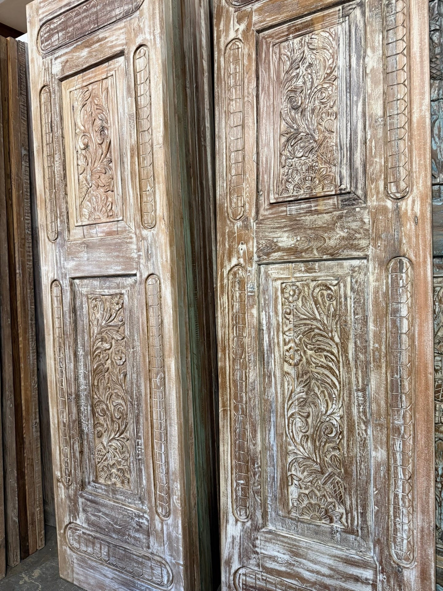 Antique Carved Wooden Door Panel | Distressed Whitewash Floral Barn Door 96x27