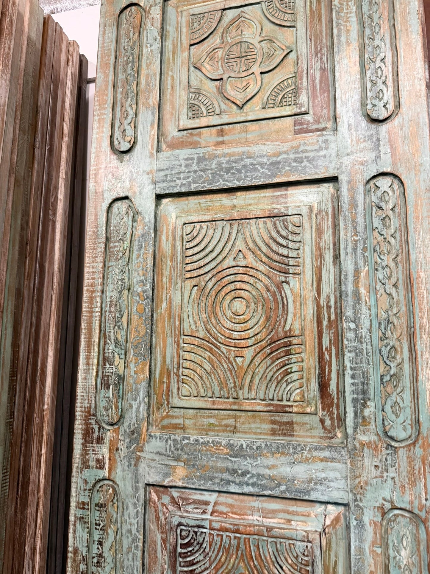 Antique Carved Door Blue Floral Panty Door Rustic Bedroom Barn Door 96x29.5