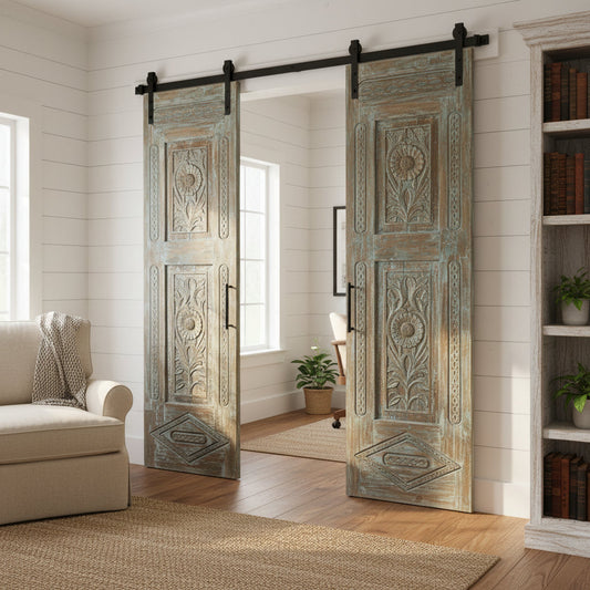 Antique Carved Wooden Door Panel | Distressed Blue Floral Barn Door 96x27