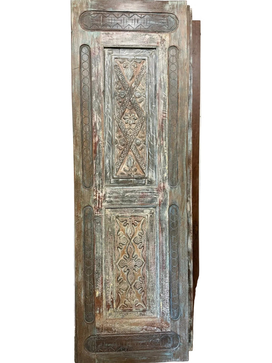 Vintage Carved Wood Barn Door Floral Distressed Teals Large Single Door 96x30