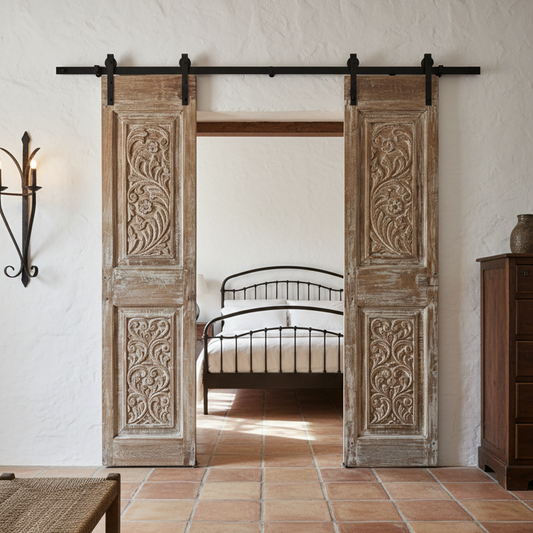 Antique Floral Barn Doors with Studs Carved Hinged or Sliding Double Doors 80x39