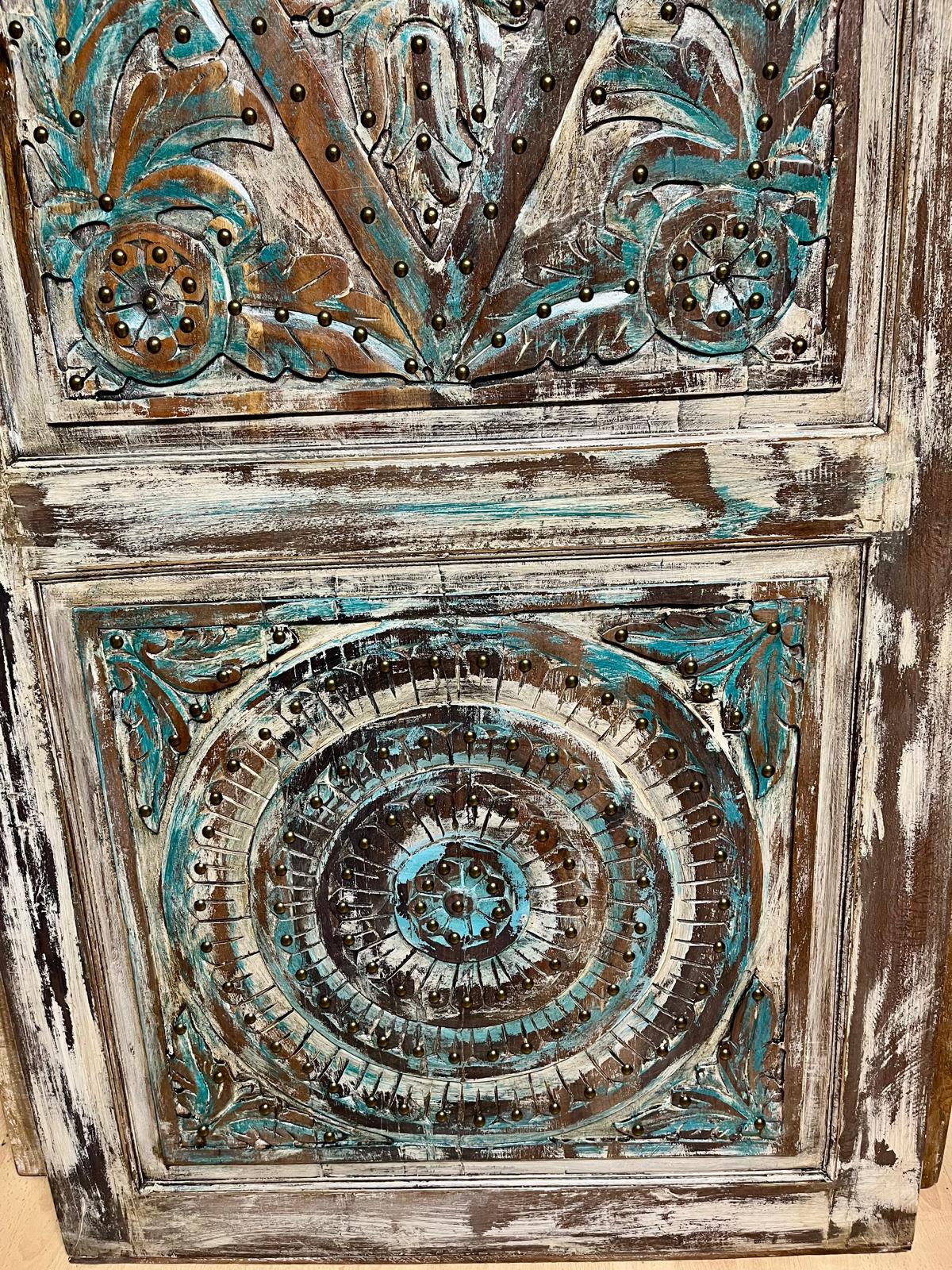 Vintage Lotus Carved Wood Door – Rustic Harmony Wooden Door with Brass Studs 84X36