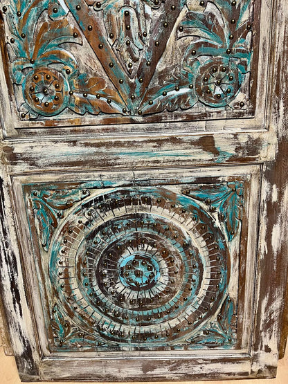 Vintage Lotus Carved Wood Door – Rustic Harmony Wooden Door with Brass Studs 84X36