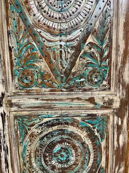 Vintage Lotus Carved Wood Door – Rustic Harmony Wooden Door with Brass Studs 84X36