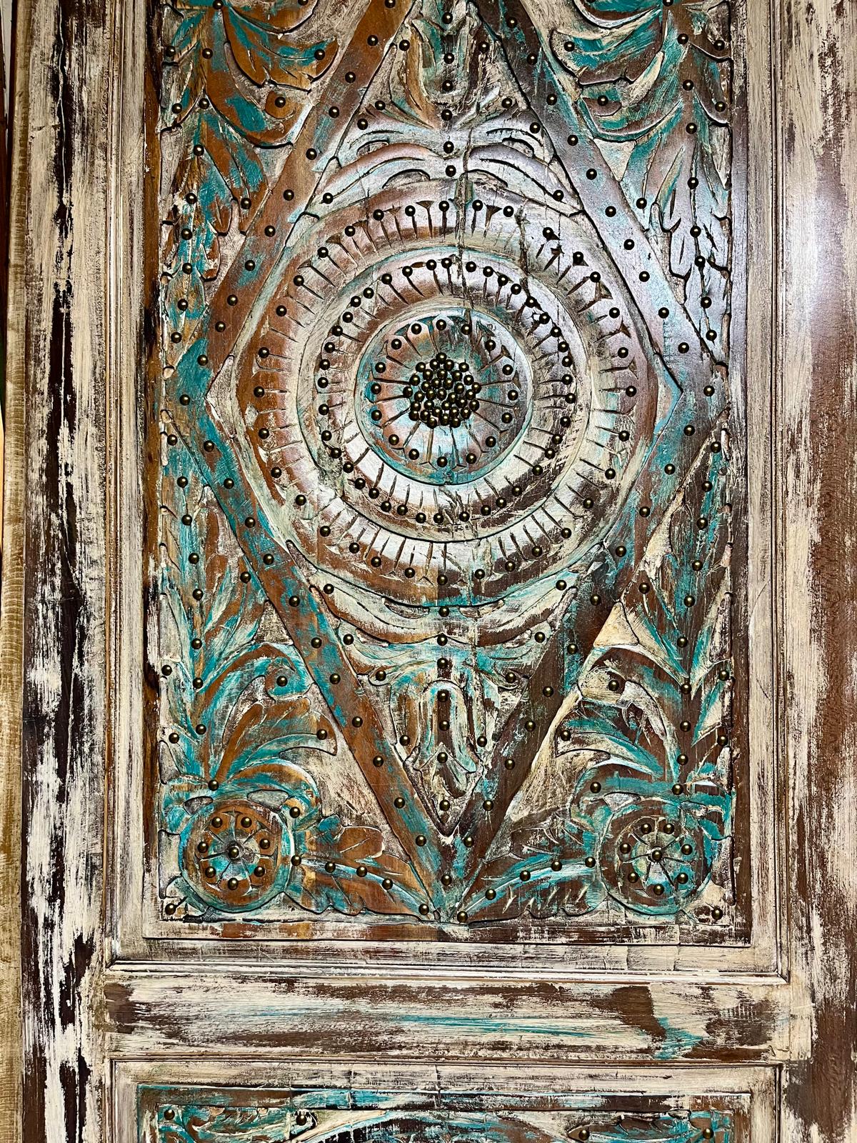 Vintage Lotus Carved Wood Door – Rustic Harmony Wooden Door with Brass Studs 84X36