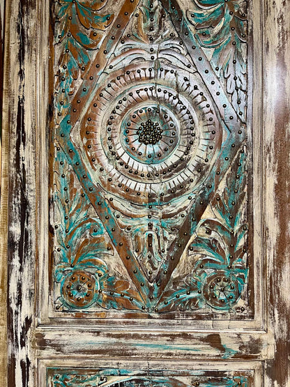 Vintage Lotus Carved Wood Door – Rustic Harmony Wooden Door with Brass Studs 84X36