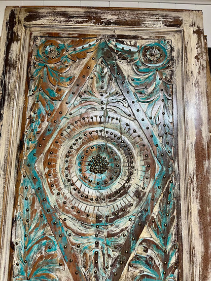 Vintage Lotus Carved Wood Door – Rustic Harmony Wooden Door with Brass Studs 84X36