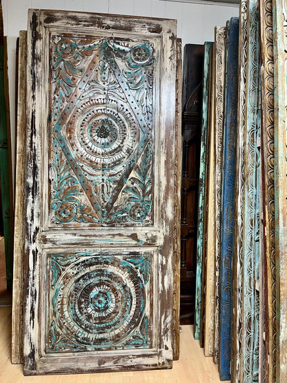Vintage Lotus Carved Wood Door – Rustic Harmony Wooden Door with Brass Studs 84X36