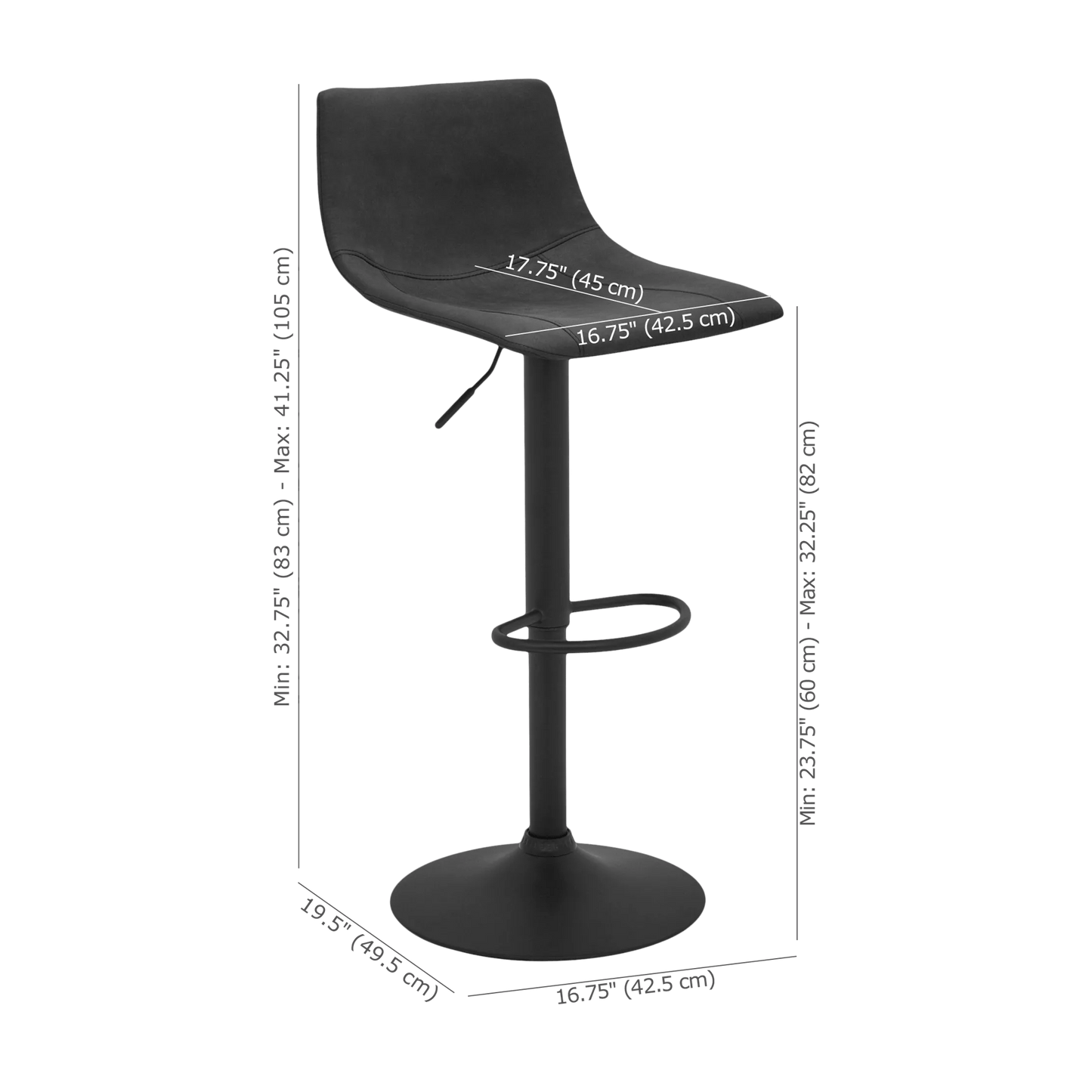Black Textured Faux Leather & Metal Adjustable Bar Stool