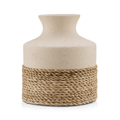 Speckled Ceramic and Rattan Vase