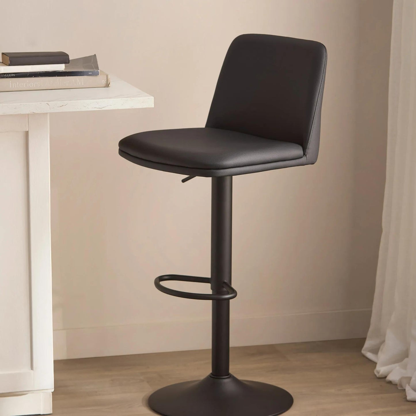 Black Faux Leather and Metal Bar Stool